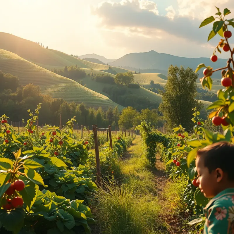 A vibrant field showcasing an abundance of fresh vegetables and fruits.