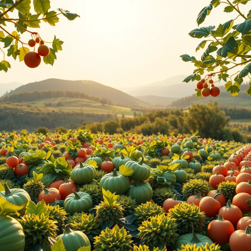 A sunlit field with vibrant vegetables and fruits, representing the abundance of cooking oils derived from natural sources.