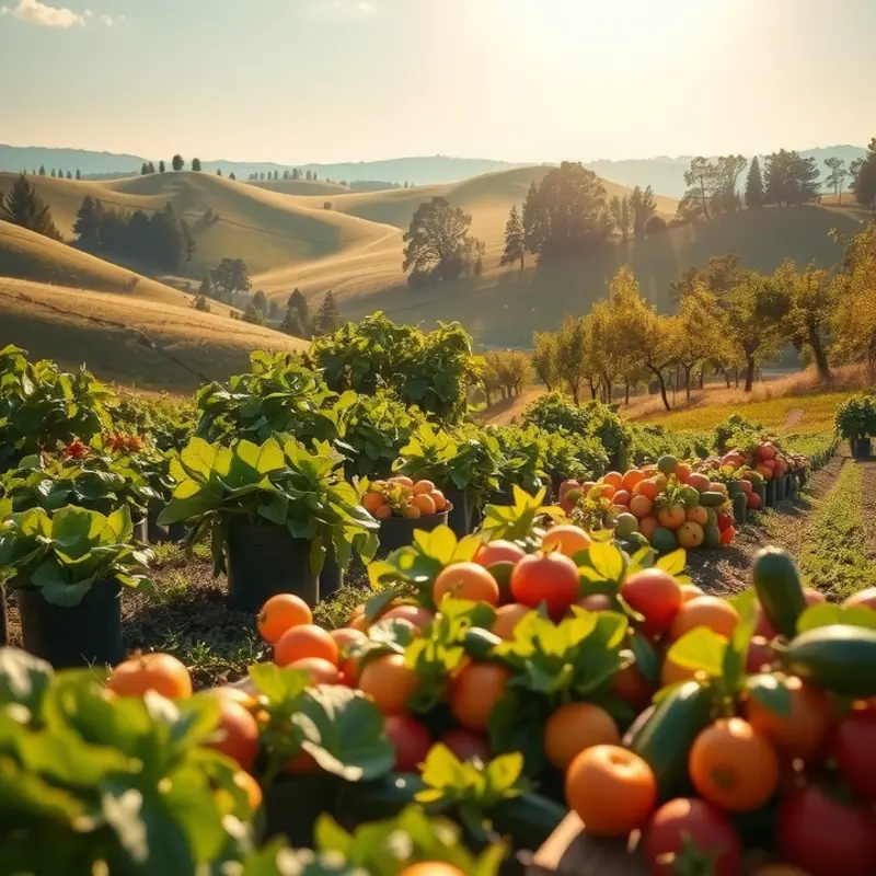 A serene landscape showcasing the abundance of organic fruits and vegetables in a sunlit field.