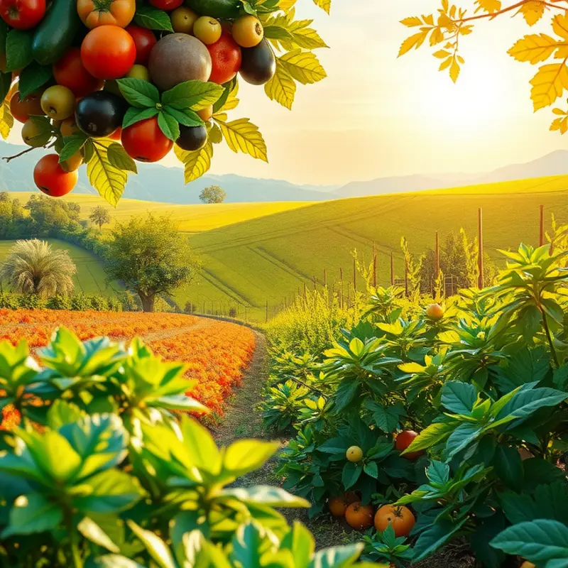 A sunlit field illustrating vibrant organic produce against a lush green backdrop.