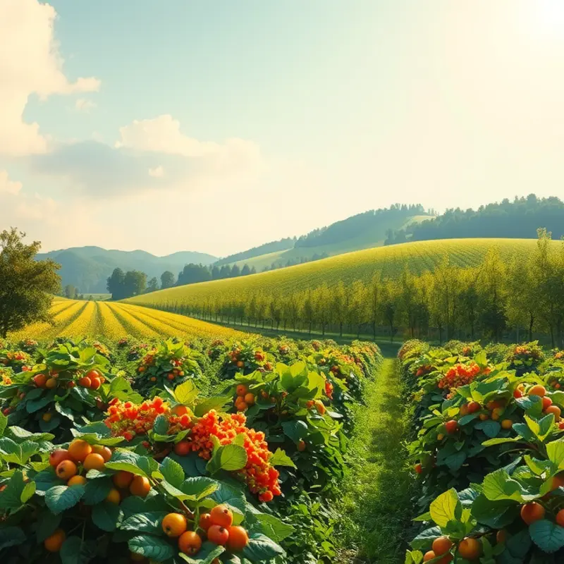 A sunlit orchard filled with vibrant fruits and vegetables representing the Flexitarian Keto lifestyle.