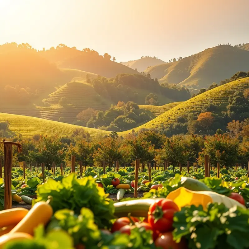 A vibrant sunlit field showcasing the abundance of organic vegetables and fruits.
