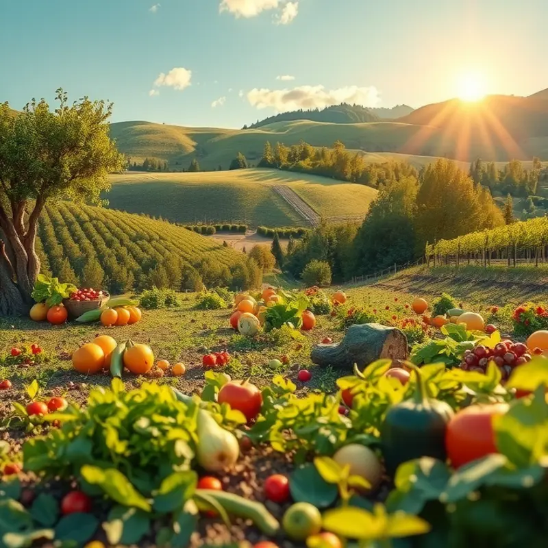 A serene sunlit orchard filled with vibrant vegetables and fruits.