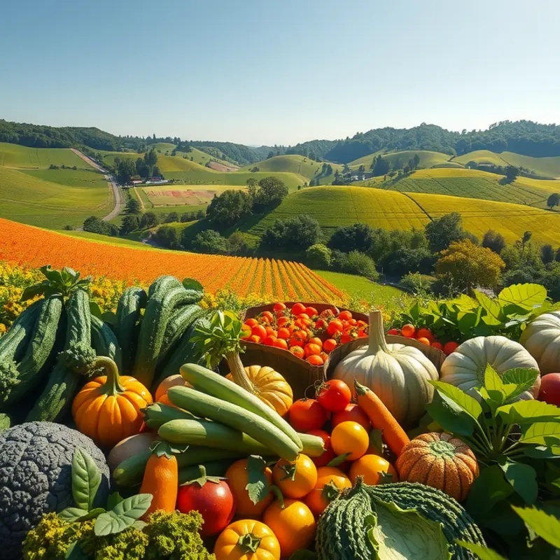 A sunlit landscape featuring vibrant fruits and vegetables growing in a lush, natural setting.