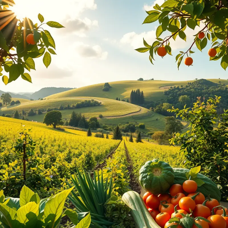 A vibrant orchard filled with fresh vegetables and fruits, highlighting the beauty of natural produce.