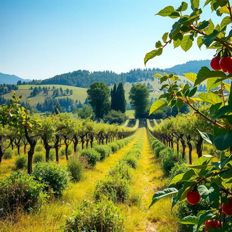 A lush orchard showcasing fresh, organic fruits and vegetables.