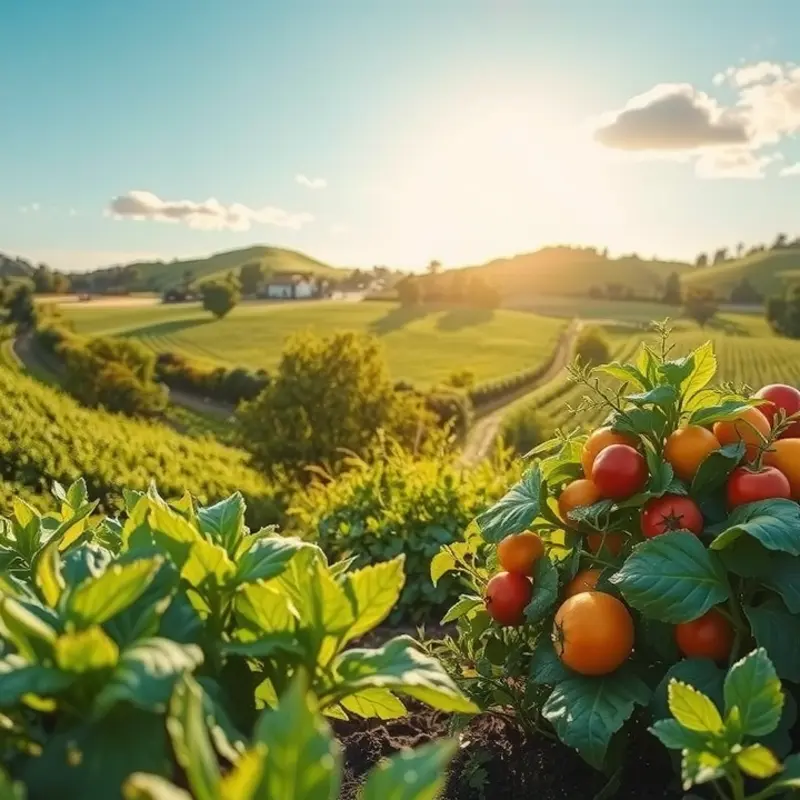 A serene orchard filled with vibrant fruits and vegetables, symbolizing nourishment and emotional wellness.