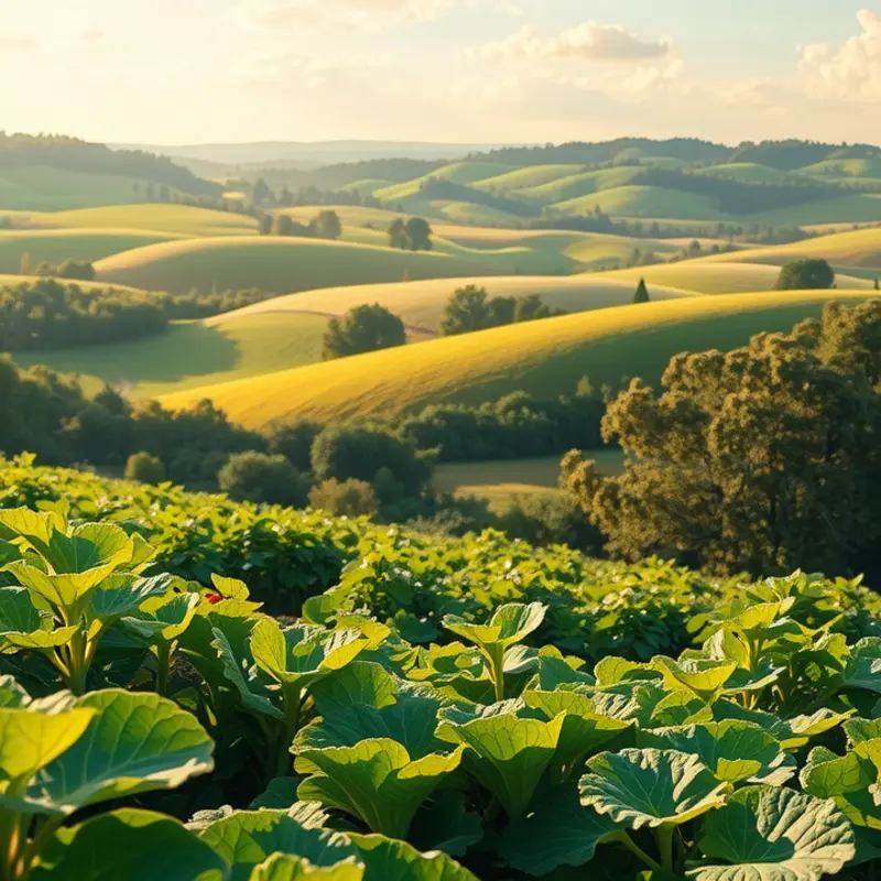 A vibrant landscape showcasing organic fruits and vegetables amidst lush greenery.
