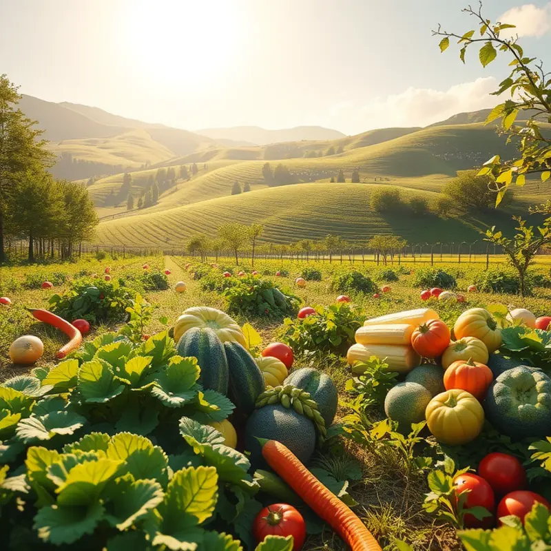 A sunlit field showcasing vibrant vegetables and fruits, highlighting the abundance of natural flavors.