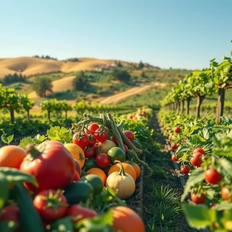 A sunlit field abundant with vibrant vegetables and fruits.