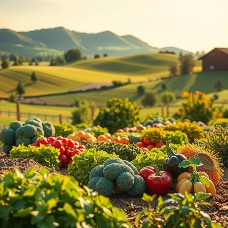 A lush sunlit orchard full of organic produce.