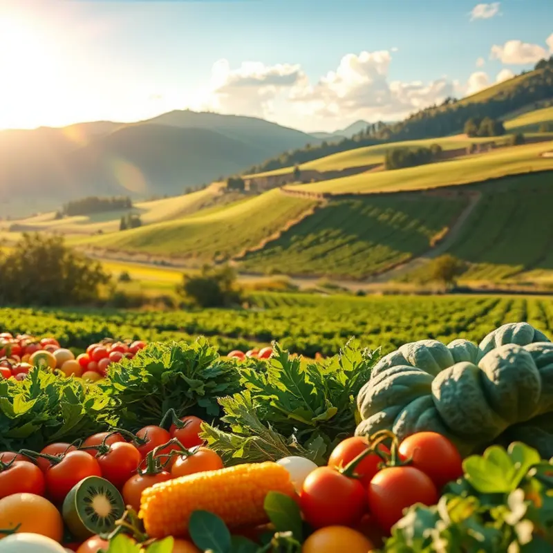 A serene landscape featuring healthy, vibrant produce representing macronutrients.