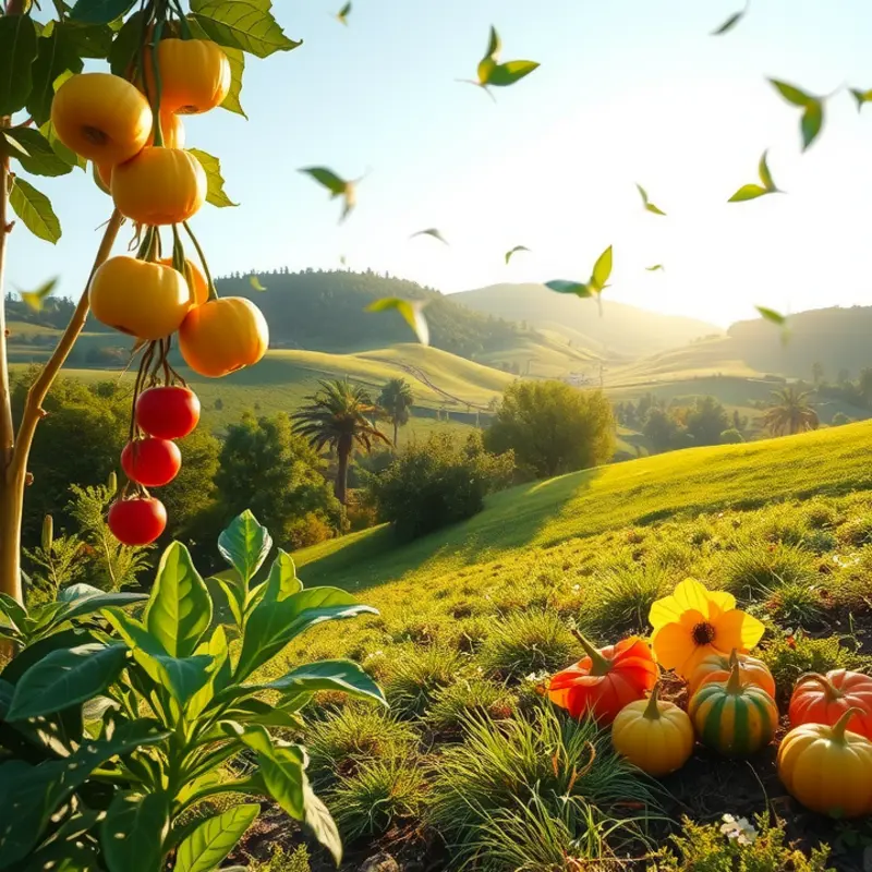 A sunlit field with vibrant vegetables and fruits, representing the abundance of cooking oils derived from natural sources.