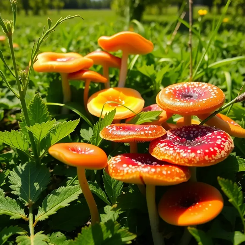 A vibrant display of mushrooms thriving in a sunlit field.