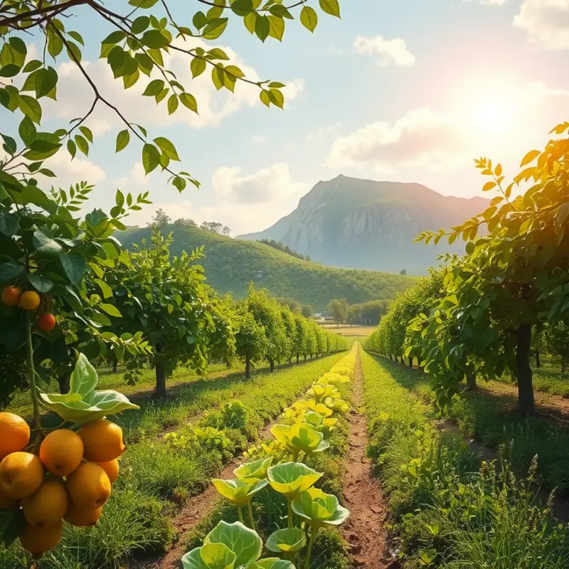 A serene sunlit orchard showcasing vibrant vegetables and fruits amidst lush greenery.