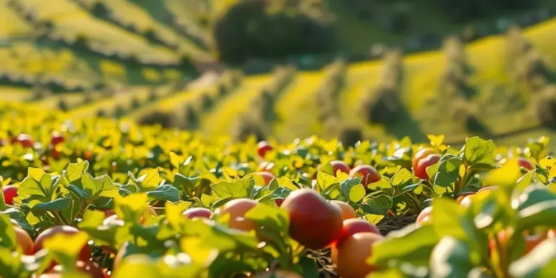 Photorealistic scenic view of an expansive organic field filled with fresh fruits and vegetables.