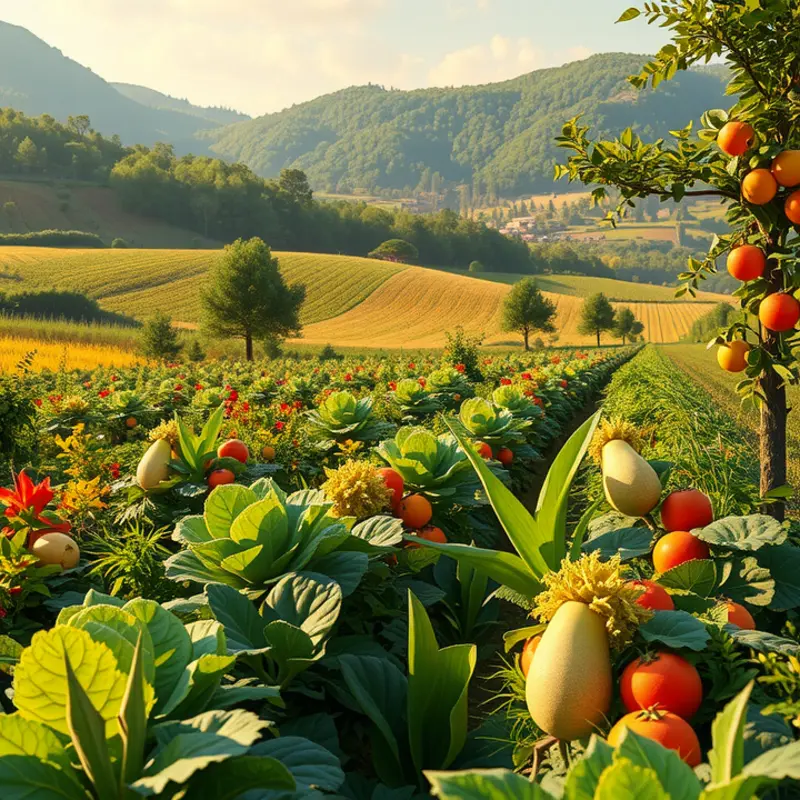 A stunning view of a vibrant orchard showcasing the beauty of organic fruits and vegetables.