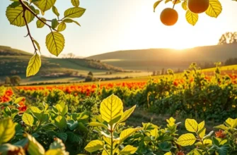 A wide view of an organic farm filled with colorful vegetables and fruits basking in the sunlight.