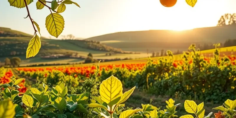 A wide view of an organic farm filled with colorful vegetables and fruits basking in the sunlight.