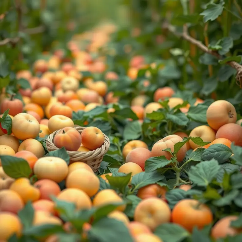 A sunlit orchard abundant with vibrant fruits and vegetables, representing nourishment.