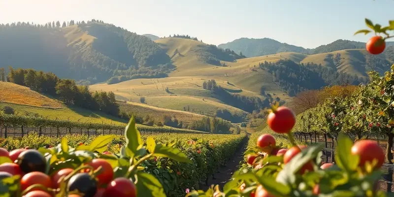 A picturesque field filled with fresh fruits and vegetables, representing healthy nutrition and vitality.