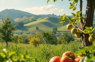 A picturesque orchard filled with colorful fruits and vegetables amidst luscious greenery.