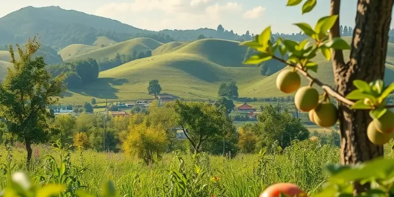 A picturesque orchard filled with colorful fruits and vegetables amidst luscious greenery.