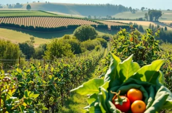 A scenic view of a vibrant field with organic vegetables and fruits growing abundantly.