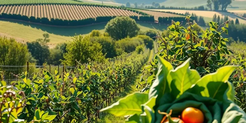 A scenic view of a vibrant field with organic vegetables and fruits growing abundantly.