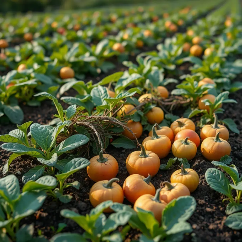 A lush field showcasing vibrant fruits and vegetables, representing fresh ingredients for cooking.