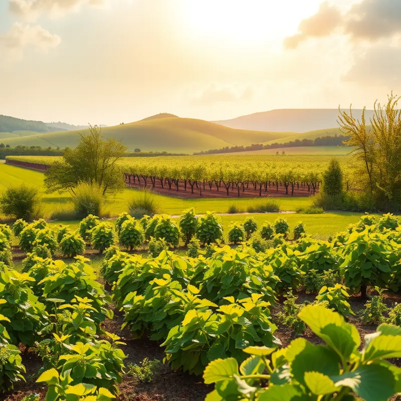 A sunlit orchard filled with an abundance of fresh vegetables and fruits.