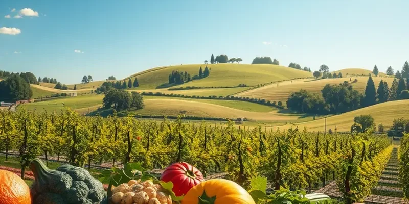 A fruitful grove of healthy vegetables and fruits basking in sunlight.