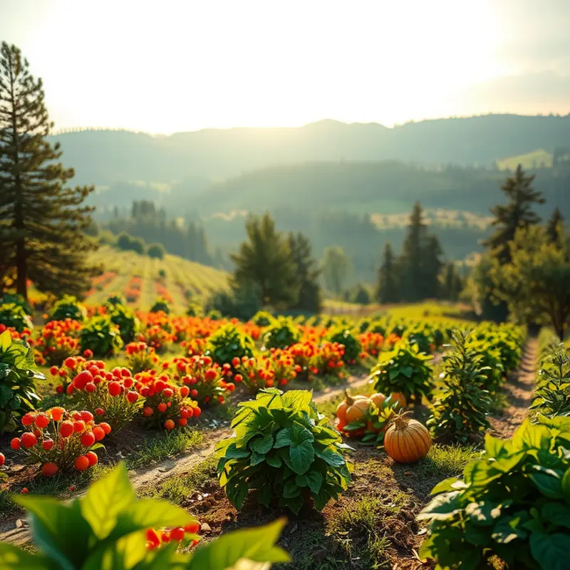 A picturesque orchard showcasing fresh fruits and vegetables under soft lighting.