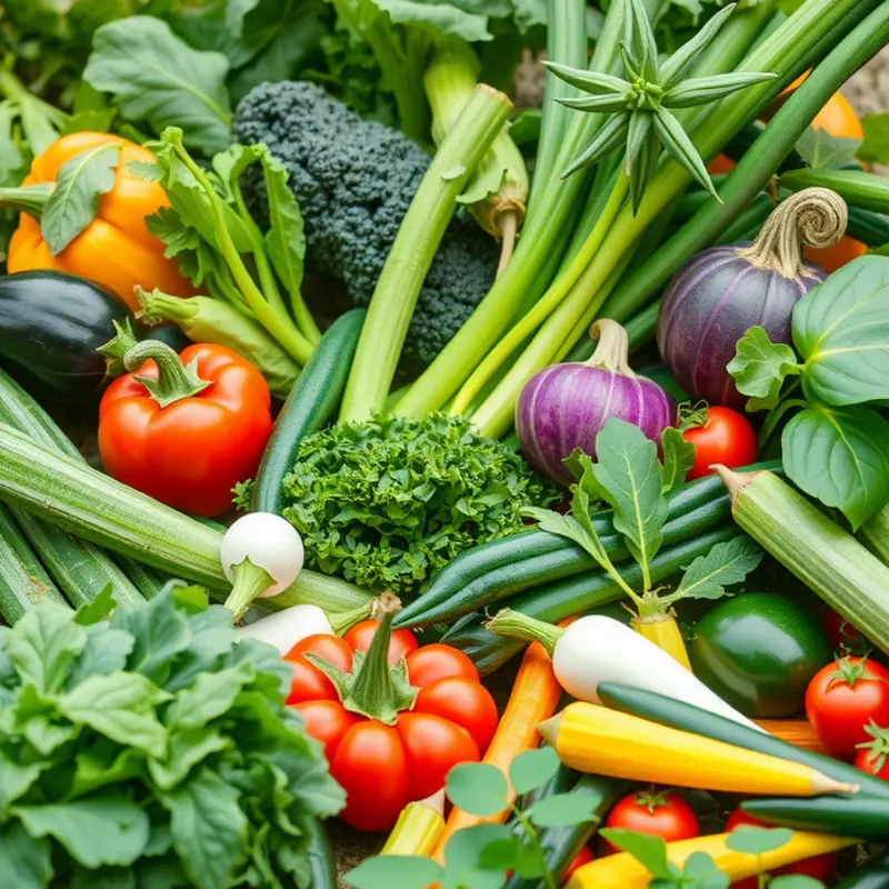 A picturesque sunlit field brimming with vibrant vegetables and fruits.