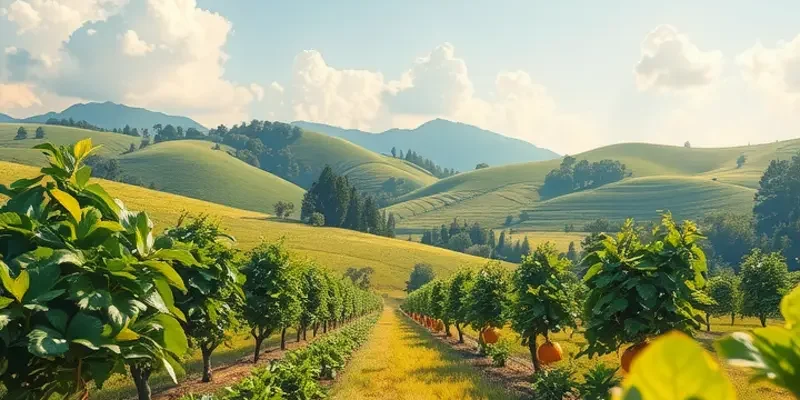 A peaceful garden showcasing a variety of fruits and vegetables.