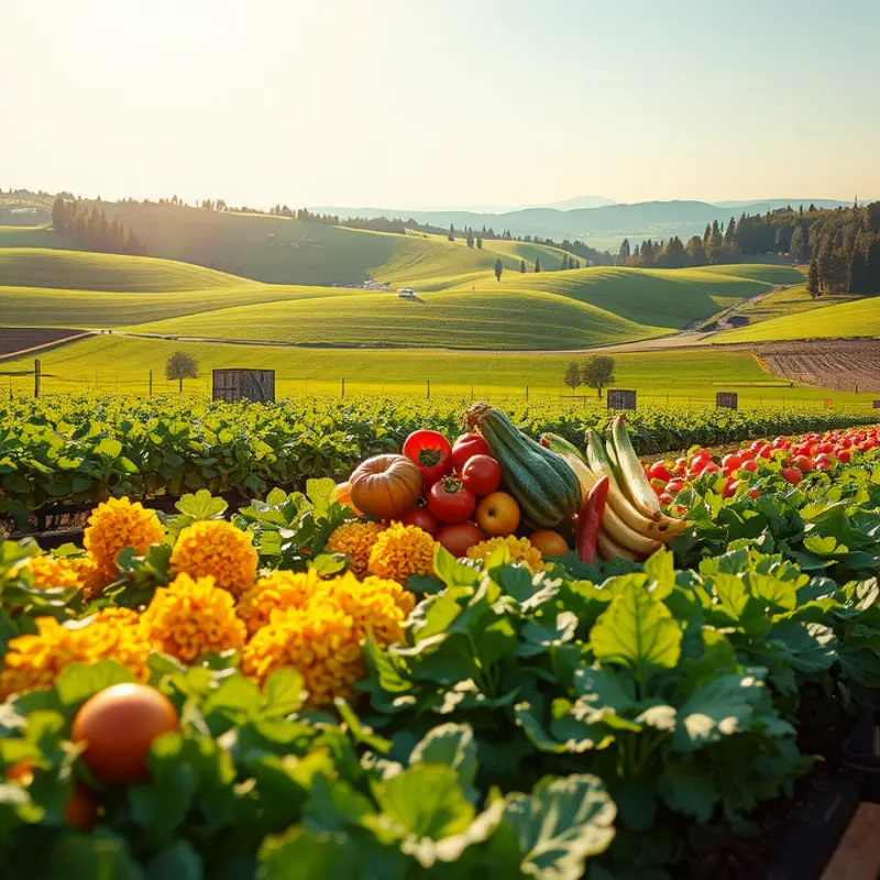 A serene sunlit field showcasing fresh organic produce.