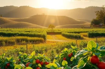 A vibrant landscape of a harvest field filled with colorful organic fruits and vegetables under soft sunlight.