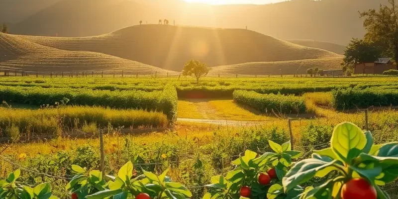 A vibrant landscape of a harvest field filled with colorful organic fruits and vegetables under soft sunlight.