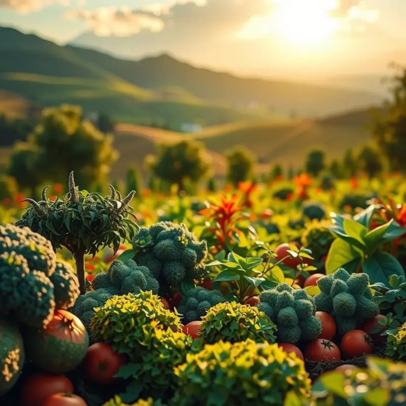 A sunlit field filled with vibrant vegetables and fruits, showcasing nature’s abundant offerings.