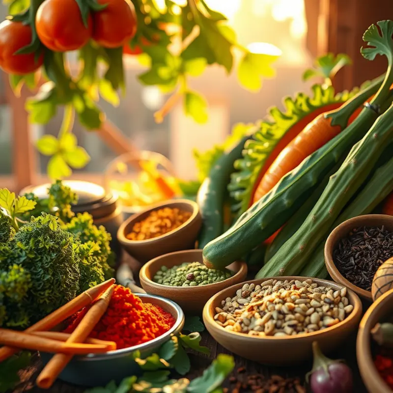 An array of vibrant vegetables and spices representing Indian street snacks.