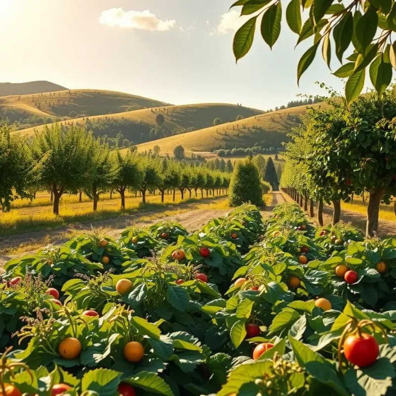 A sunlit field with vibrant, organically grown vegetables and fruits.
