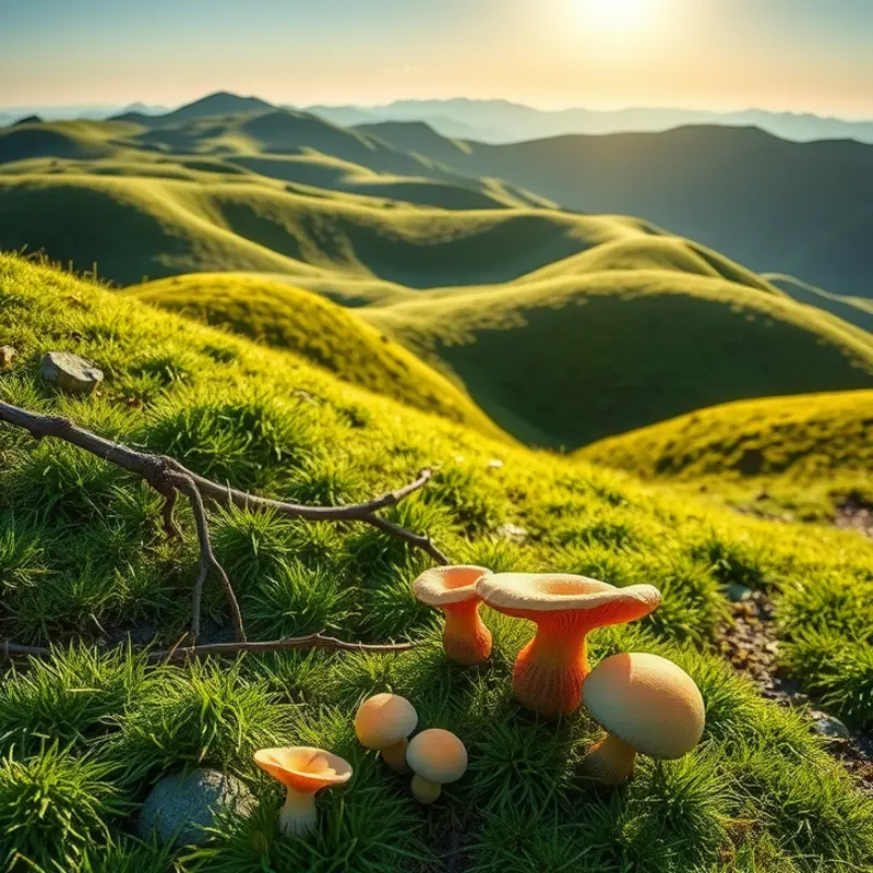 A vibrant landscape highlighting the natural beauty of mushrooms and plants, emphasizing earth’s abundance.