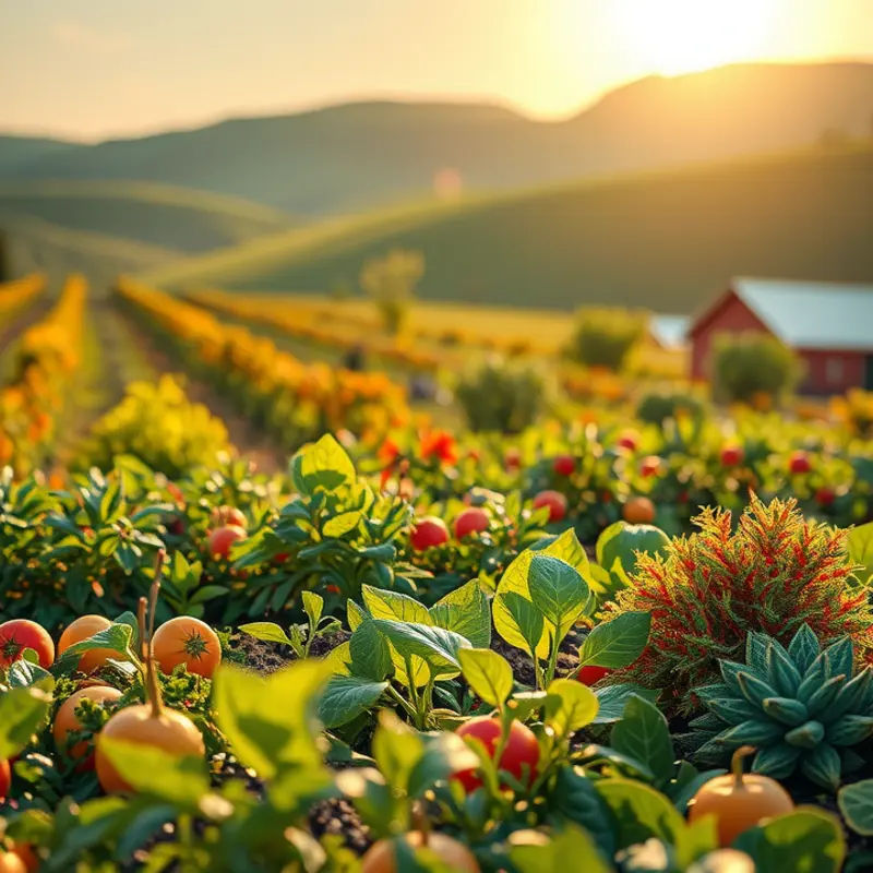 A sunlit orchard filled with vibrant vegetables and fruits, symbolizing the abundance of mindful eating.