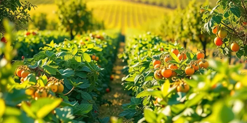 A beautiful sunlit field filled with fresh organic vegetables and fruits, embodying the essence of global sandwich ingredients.
