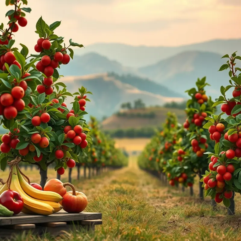 A vibrant orchard showcasing a range of organic produce indicates health and nutrition.