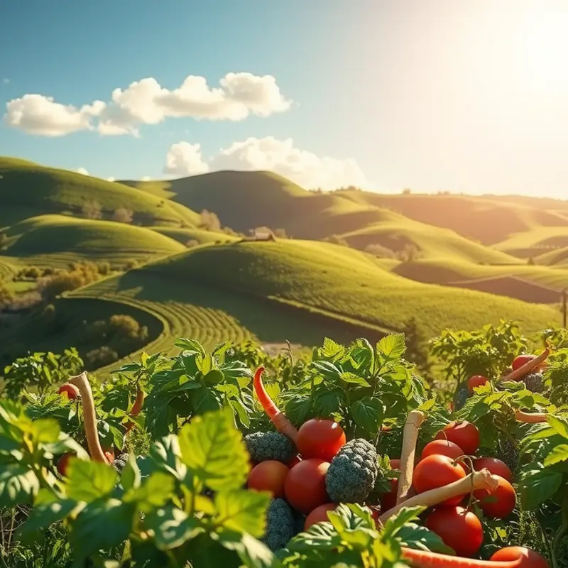 A vibrant sunlit field thriving with organic vegetables.