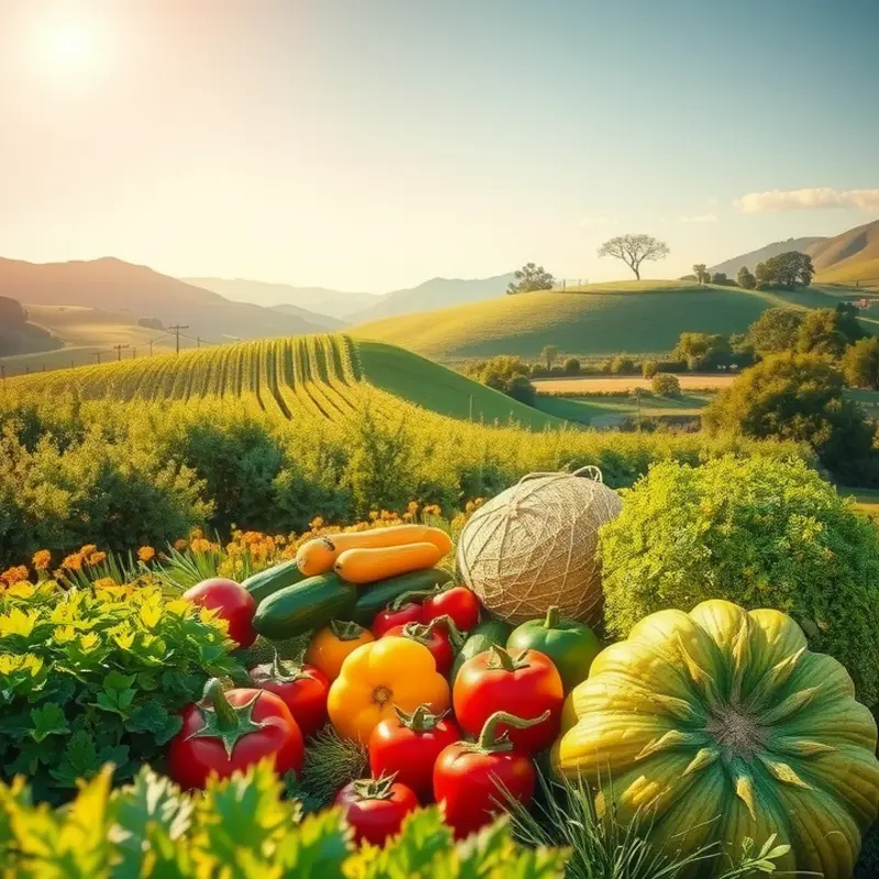 A vibrant sunlit field showcasing natural organic vegetables and fruits.