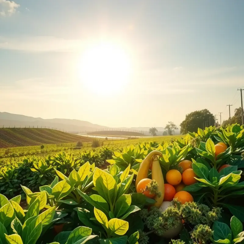 A sunlit field filled with vibrant vegetables and fruits representing mindful eating.