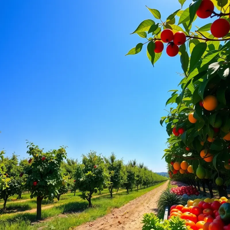 An orchard filled with fresh fruits and vegetables representing the connection between nutrition and emotional health.