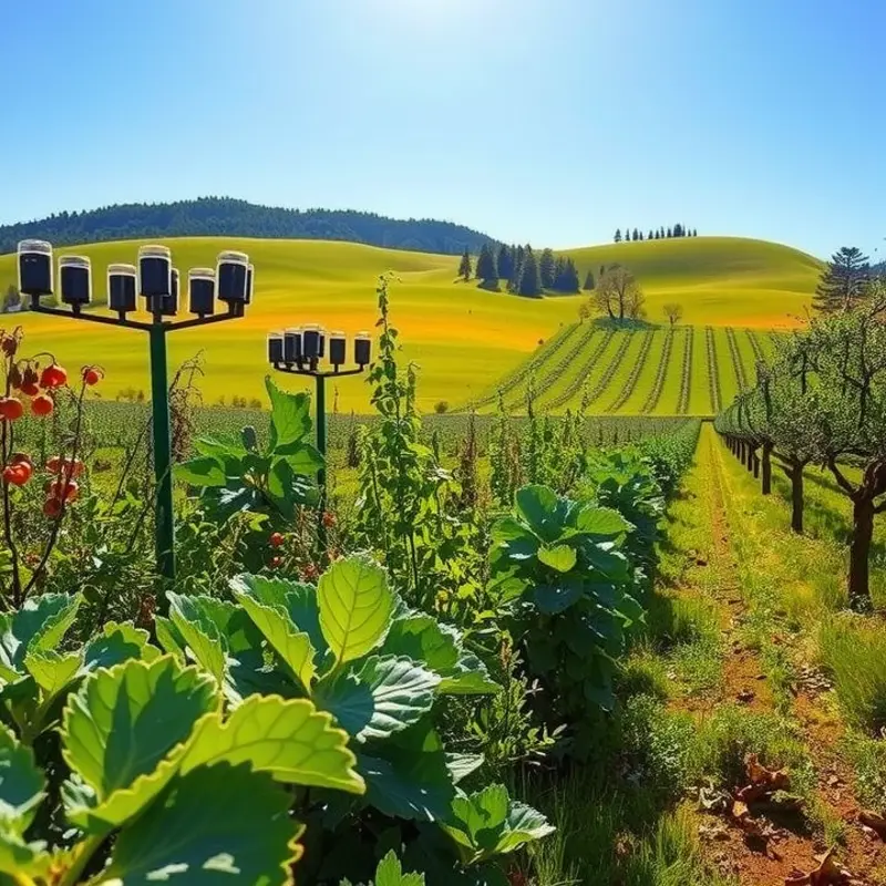 A sunlit field with vibrant organic vegetables and fruits growing amid lush greenery.